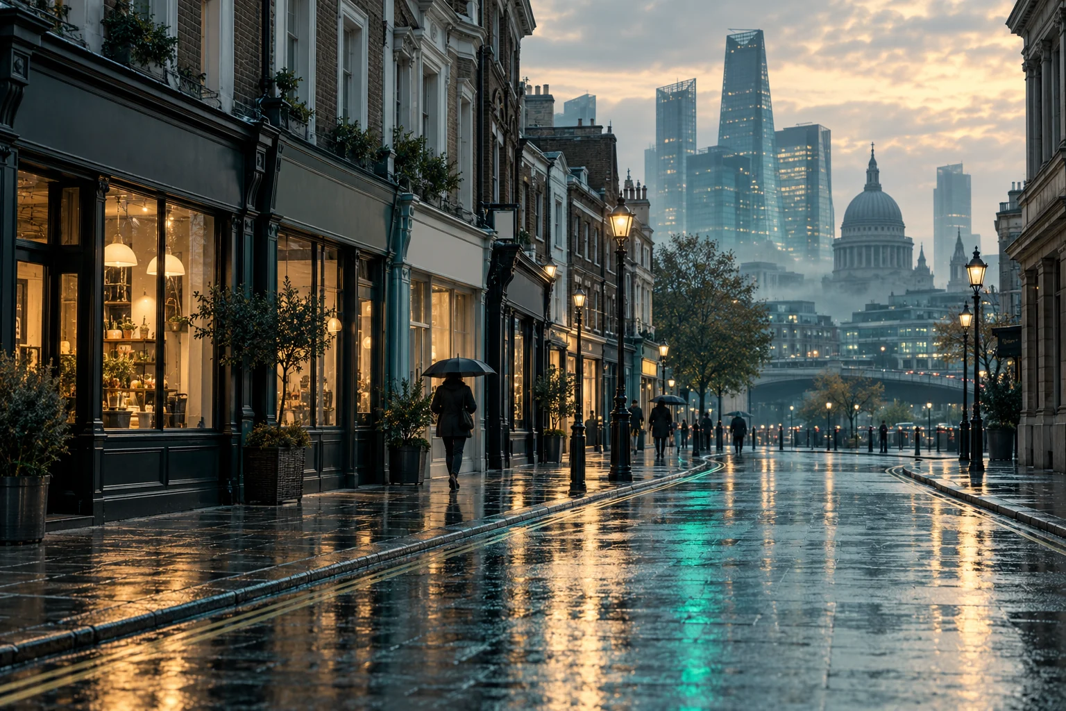 A traditional British high street in rain with modern offices beyond and muted teal reflections