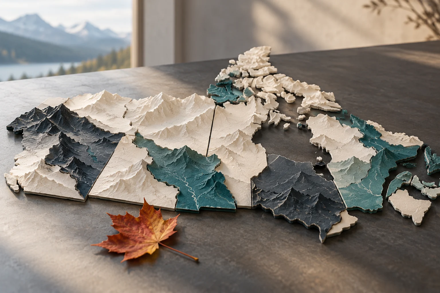 Separate folded-paper landscapes in teal and cream beside a maple leaf, a conceptual illustration of provincial differences