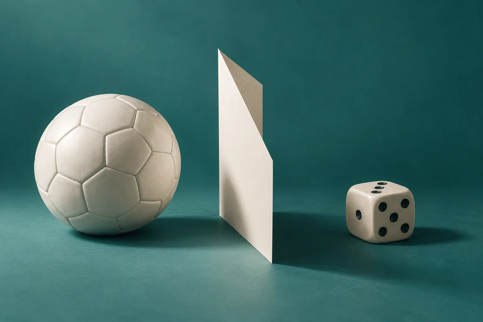 A white football and an ivory die separated by folded paper against a teal background
