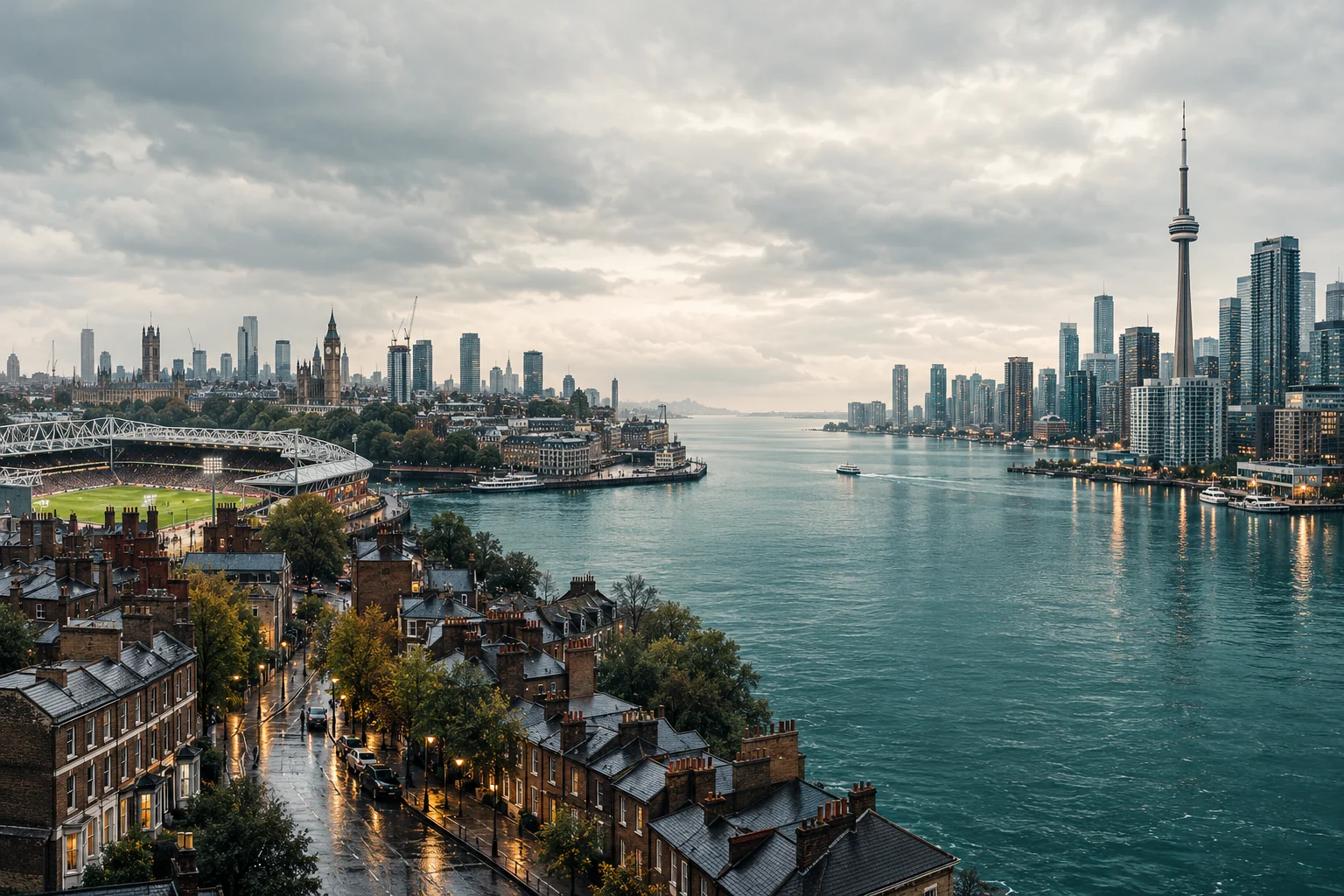 Editorial cityscape pairing rainy British architecture with Toronto across a muted teal waterfront