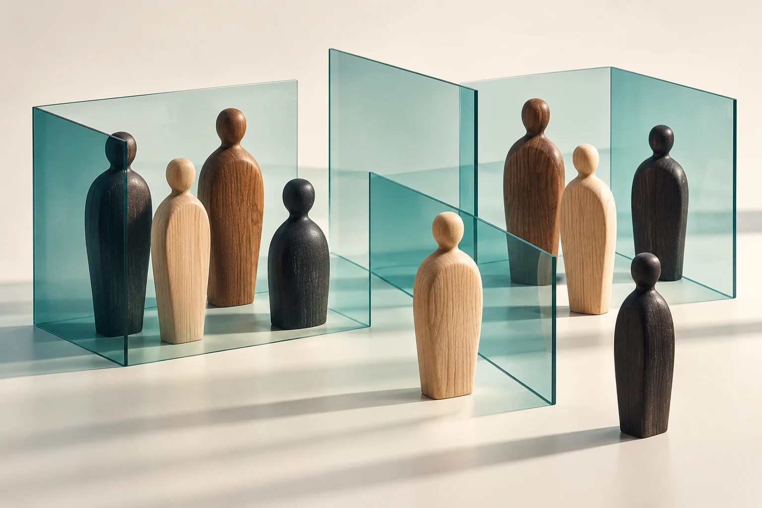 Different wooden human figures partially grouped by translucent teal glass panels