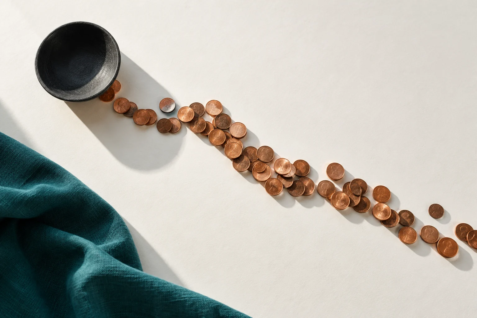 A trail of small copper coins on ivory paper leading towards an empty charcoal bowl