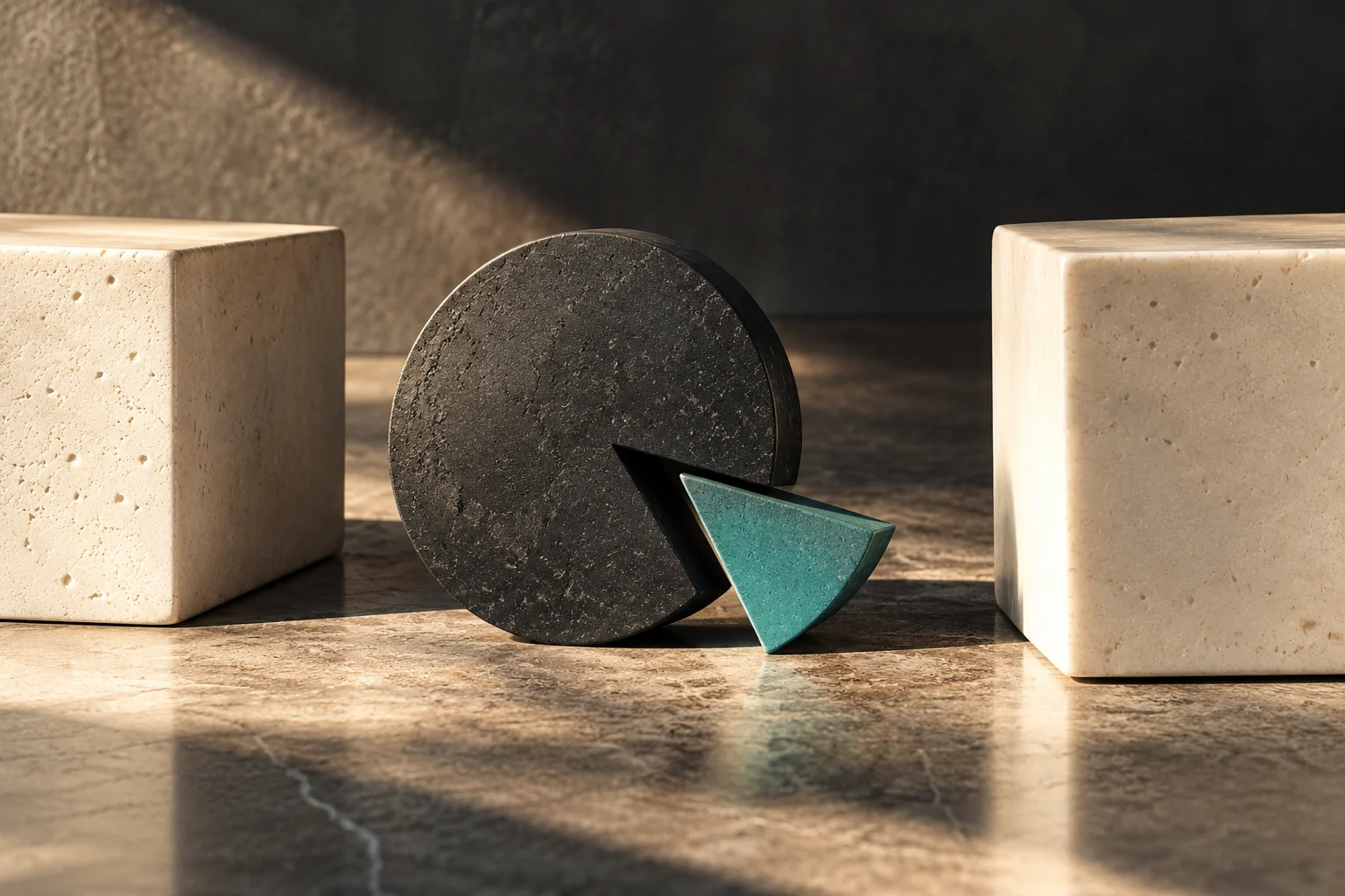 Conceptual still life of a charcoal circle with a small turquoise wedge removed and cream geometric blocks