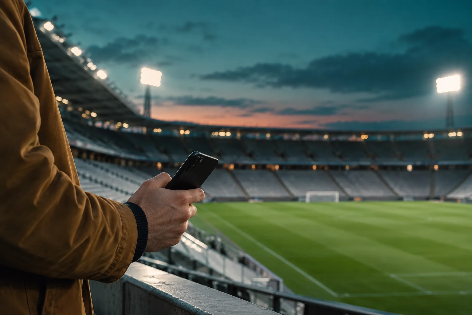 An adult holding an unbranded phone beside an empty football stadium at dusk