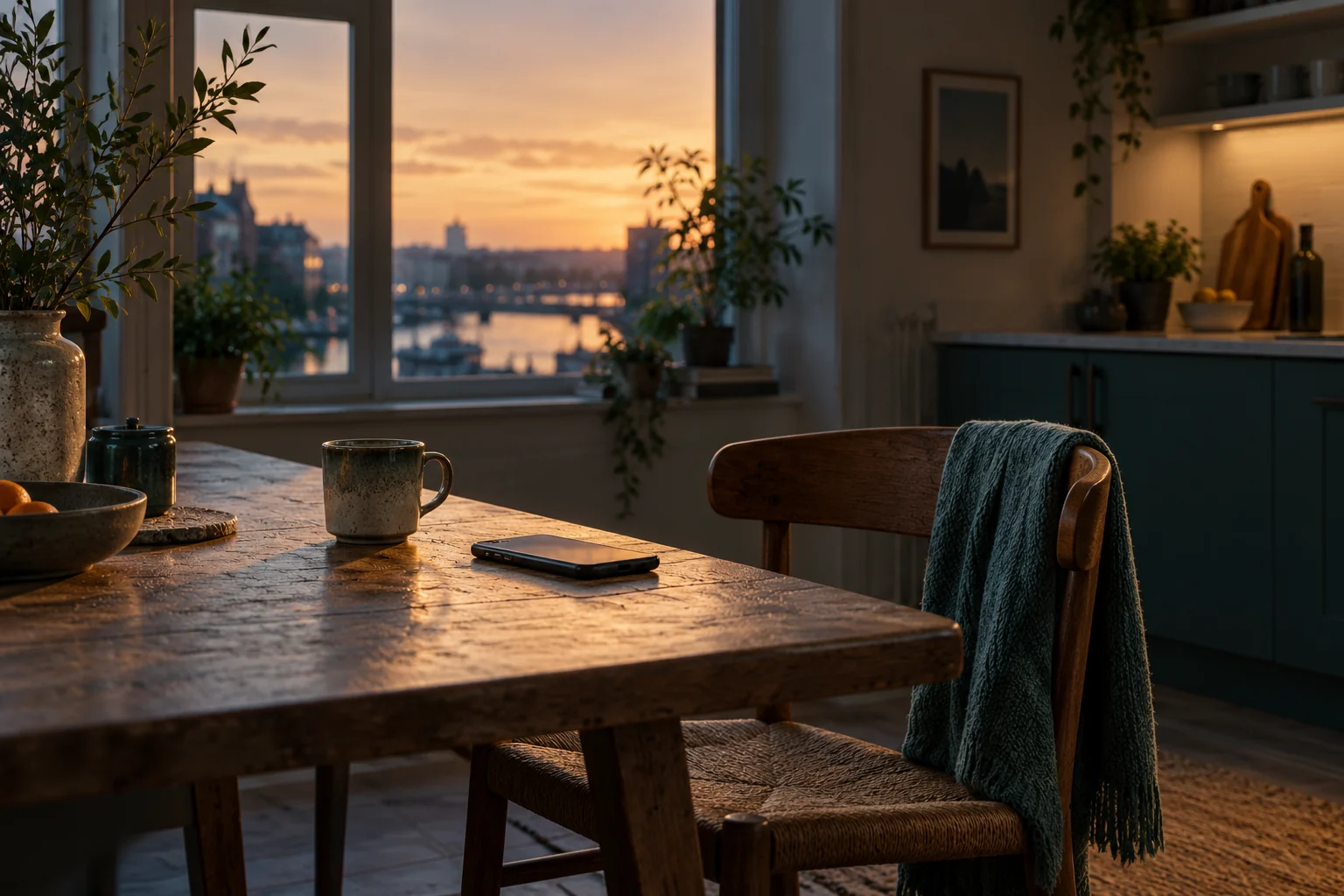 An empty kitchen chair, a face-down phone and a cup of tea in reflective evening light