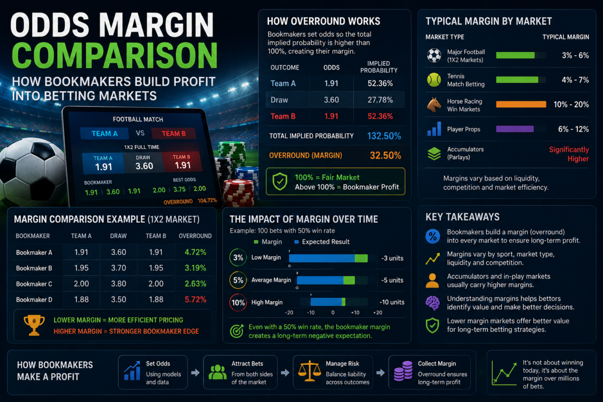 Bookmaker odds margin comparison with betting market pricing and overround analysis